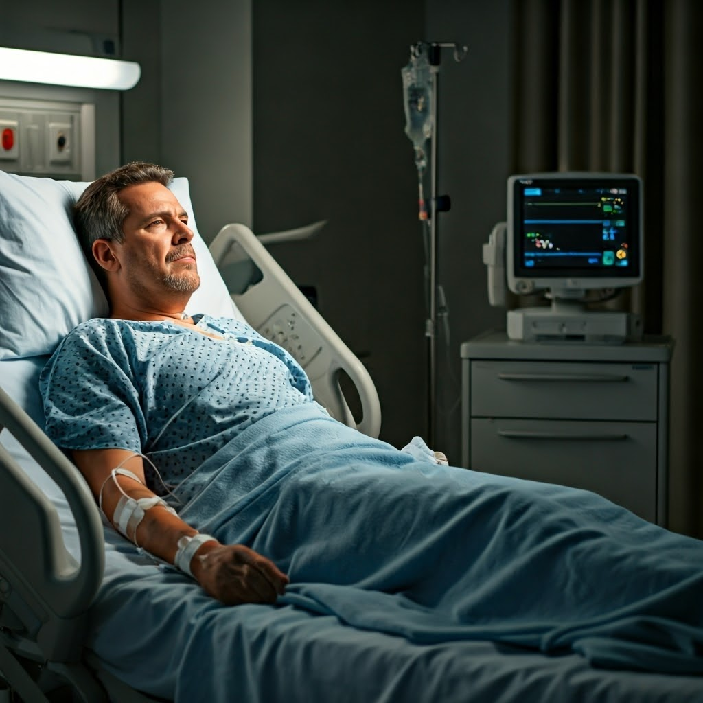 Hospital room scene (heart surgery recovery) A man lying in a hospital bed, hooked to monitors, looking contemplative but alive.