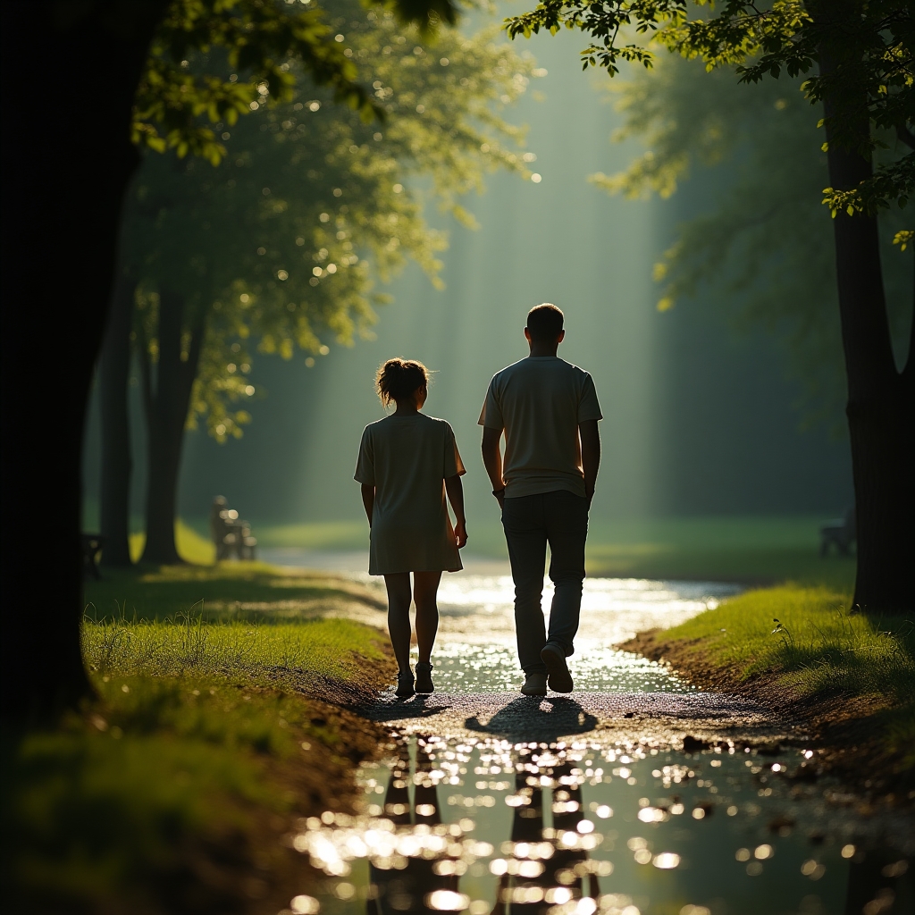 Walking in nature, symbolizing recovery A man taking a slow walk in a leafy park, hands in pockets, breathing fresh air.