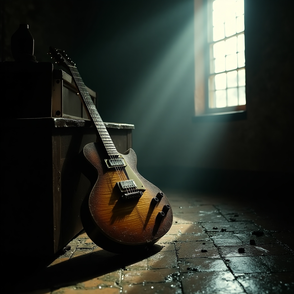 A dusty old guitar in an attic Symbolizing him rediscovering music during recovery.