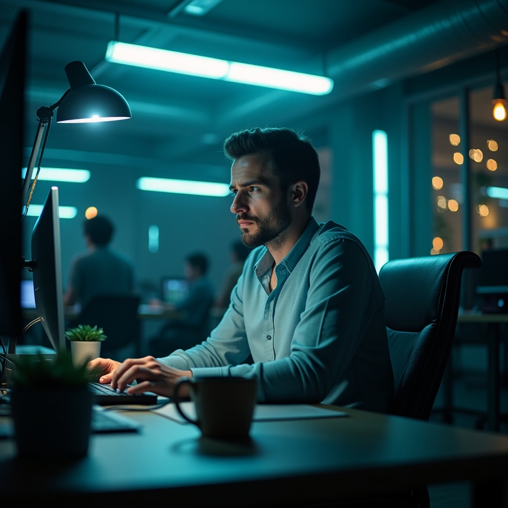 A man in his 30s sitting at a tech startup office