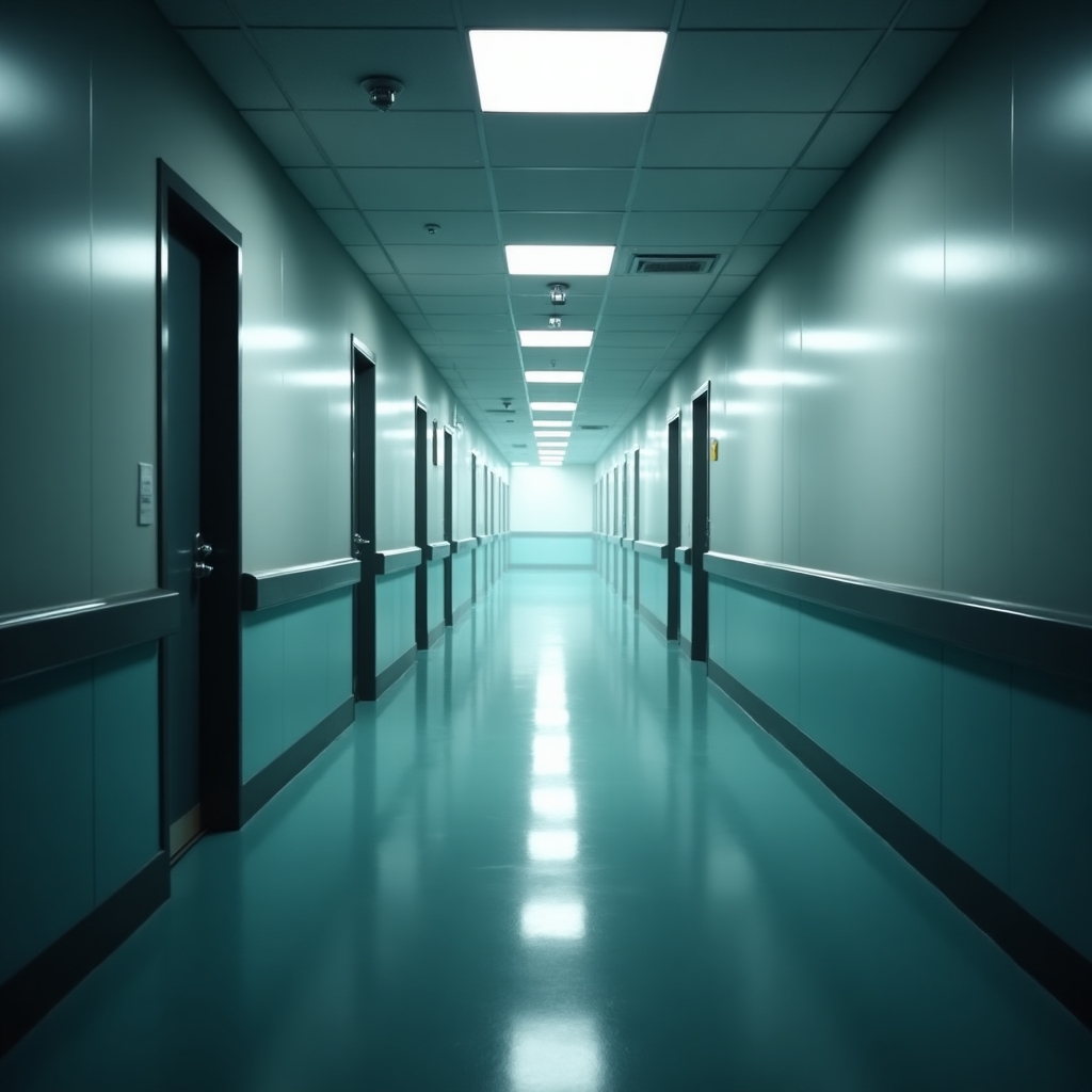 Hospital hallway scene (bladder cancer battle) Empty, clean hospital hallway with a hopeful vibe, symbolizing resilience.