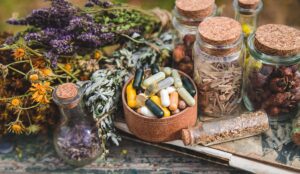 Dried medicinal herbs on the table. Selective focus. nature.