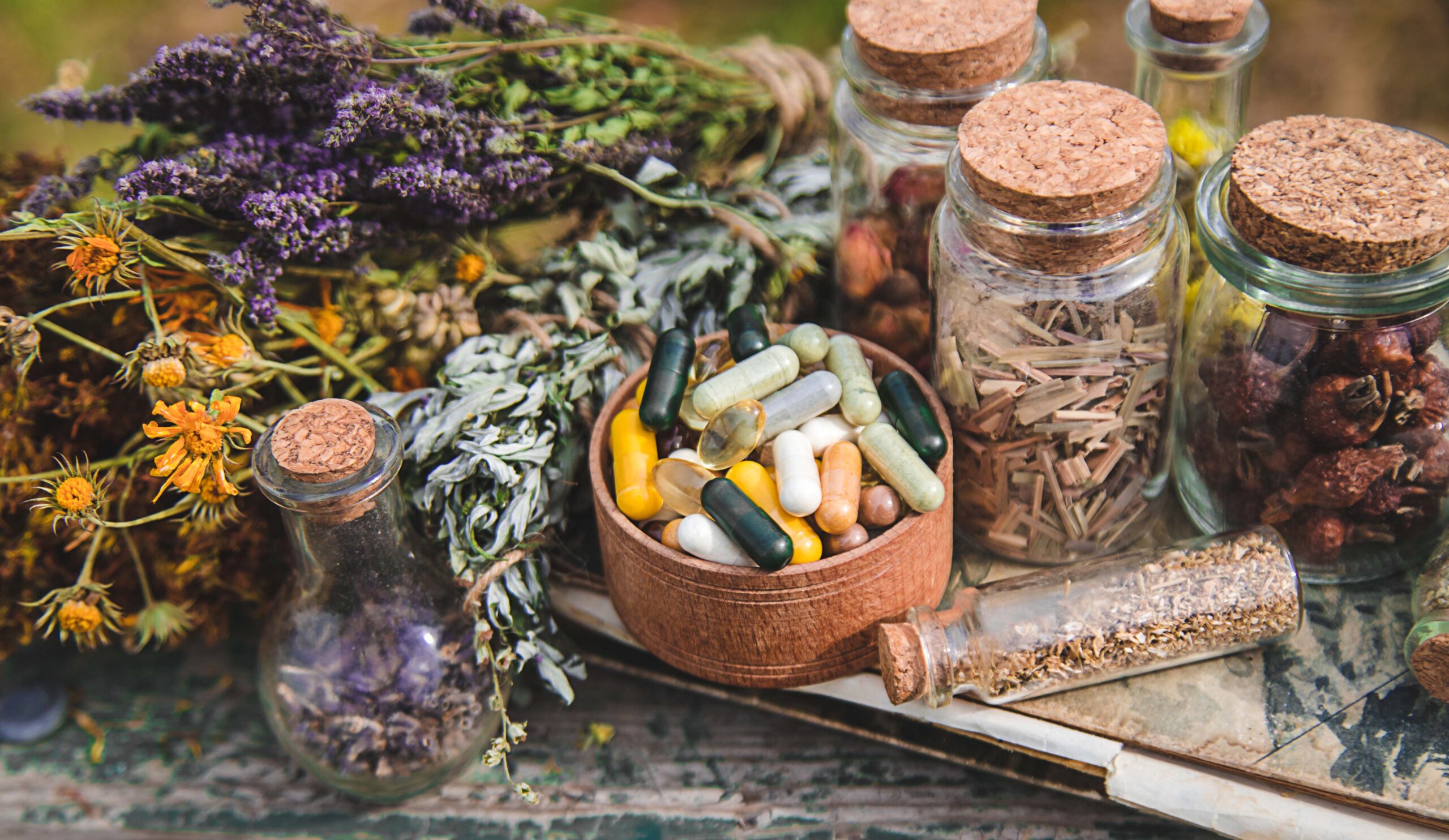 Dried medicinal herbs on the table. Selective focus. nature.